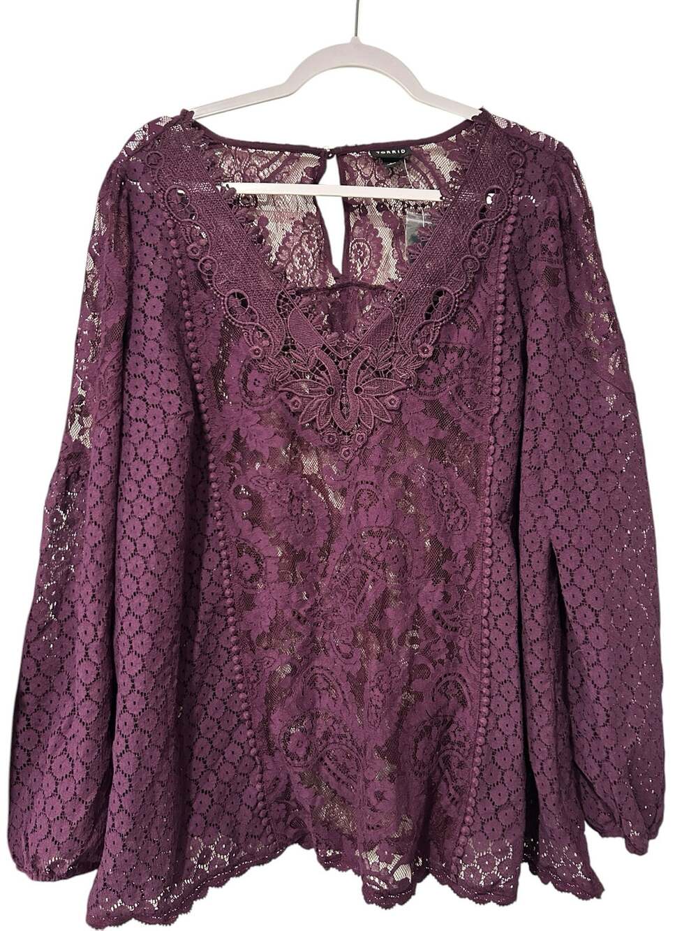 Torrid NWT Winter Bloom Blouse Boho Romantic Purple Lace Mix Long Sleeve 2X
